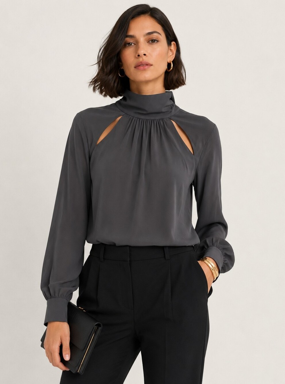 Milly Silk Dark Gray Statement Blouse Open Back Cut-out Front